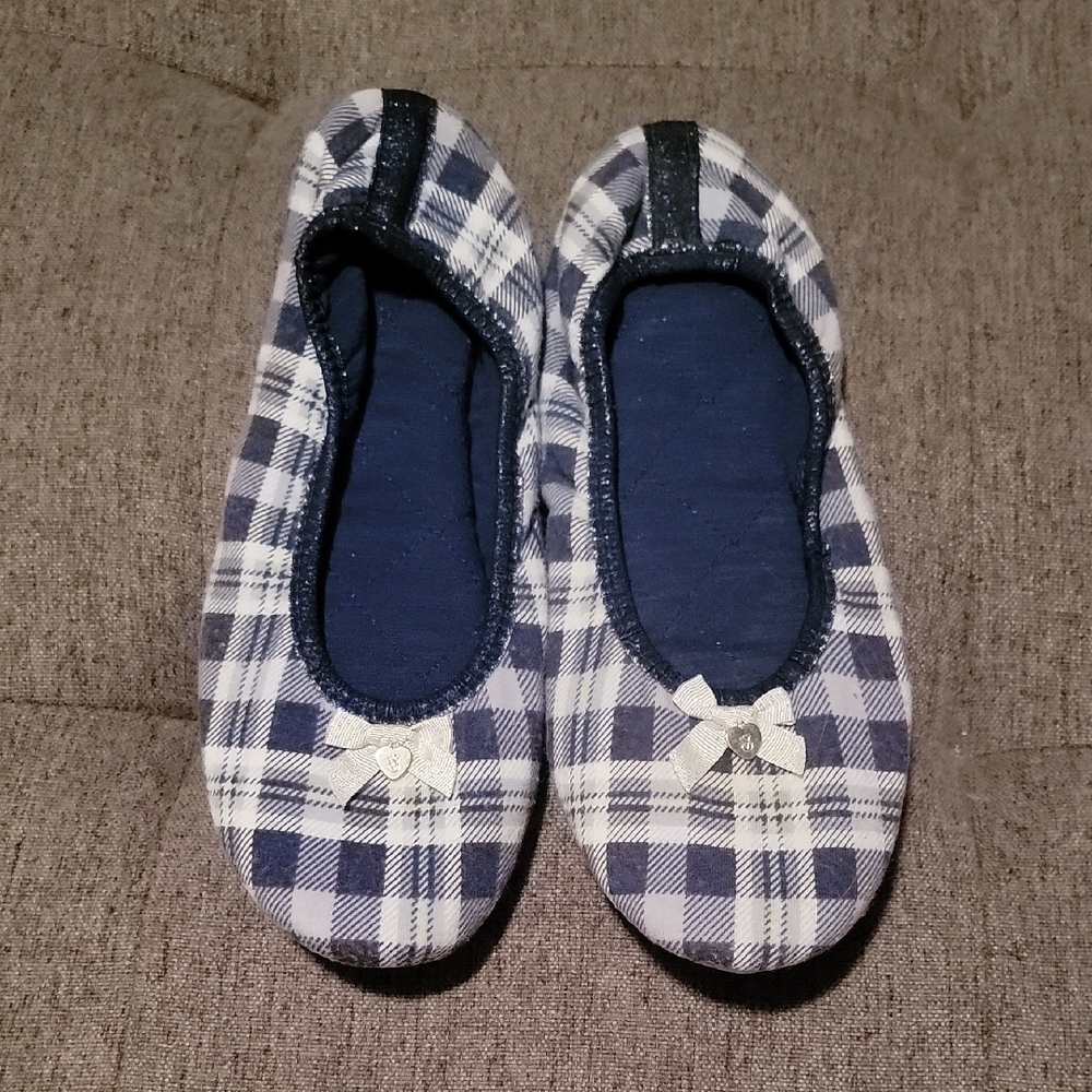 VTG 2013 Victoria's Secret Blue Plaid Ballet Slippers M 7-8 VS Logo Charm